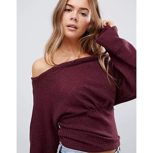 We The Free / Free People Crazy On You Thermal Knit Off Shoulder Sweater in Wine - Picture 3 of 12